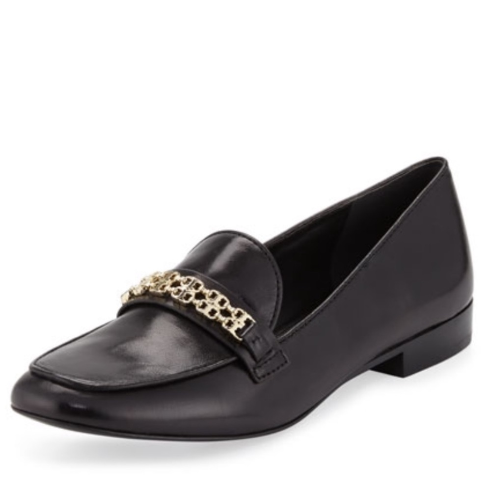 Tory Burch Black Loafers with Gold Chain Detail